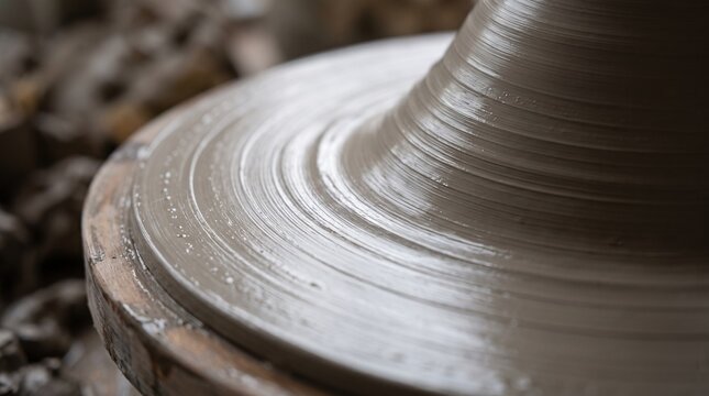Potter shaping wet clay on a spinning wheel in a professional ceramic art studio workshop.