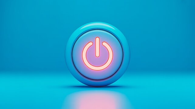 Glowing power button icon on blue technology background