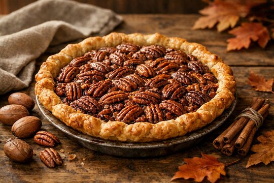 Pecan pie with cinnamon and autumn leaves on a rustic table