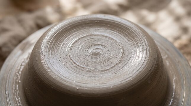 Wet clay centered on a pottery wheel for ceramic art creation and handmade craft workshop.