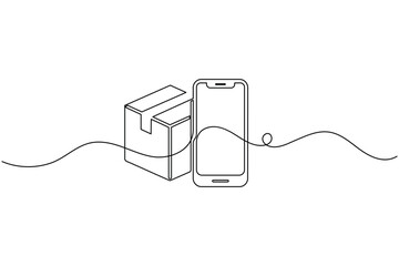 Obraz premium Carton box delivery shopping one line art smartphone mobile order online tracking minimal line illustration