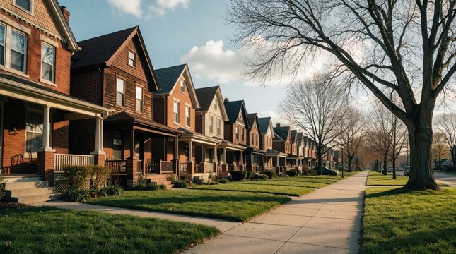 Residential street lined with brick row houses, front porches and green lawns. Sidewalk and bare trees create a peaceful neighborhood setting during daytime.
