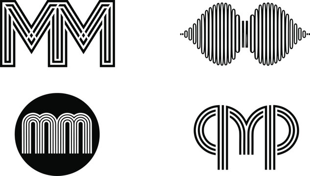 Abstract Letter M Monogram Logo Vector Set with Minimalist Parallel Striped Lines and Sound Wave Elements for Corporate Identity Branding Designs