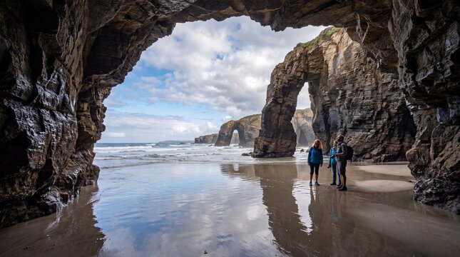 Framed View of Catedrales Beach Natural Arches in Galicia, Spain with Visitors
