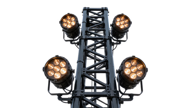 Black metal truss tower with multiple stage lights, isolated on transparent background