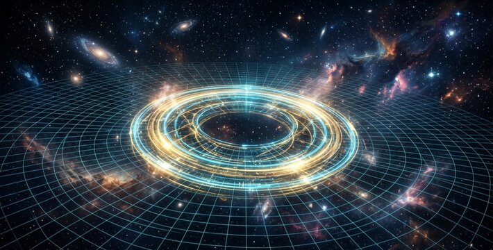 Quantum spacetime distortion grid with glowing energy ring and galaxies.