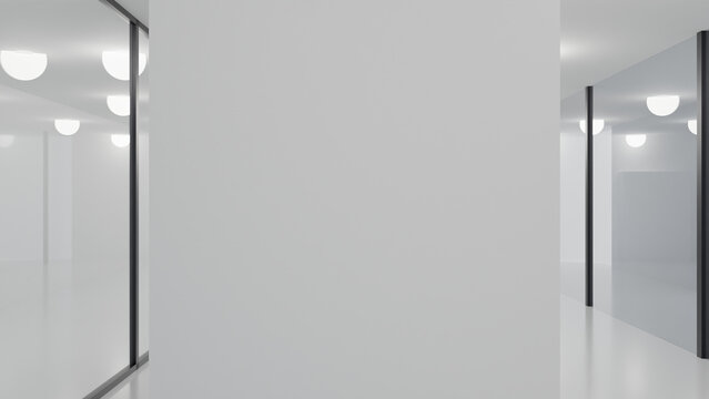 Blank wall mockup direct frontal view modern office corridor interior glass wall corporate architecture 3d render