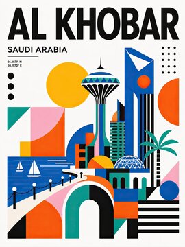Colorful geometric poster illustrating Al Khobar, Saudi Arabia, with stylized architecture, waterfront elements, palm trees, and bold typography.