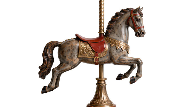 Antique carousel horse with red saddle and gold trim, isolated on transparent background