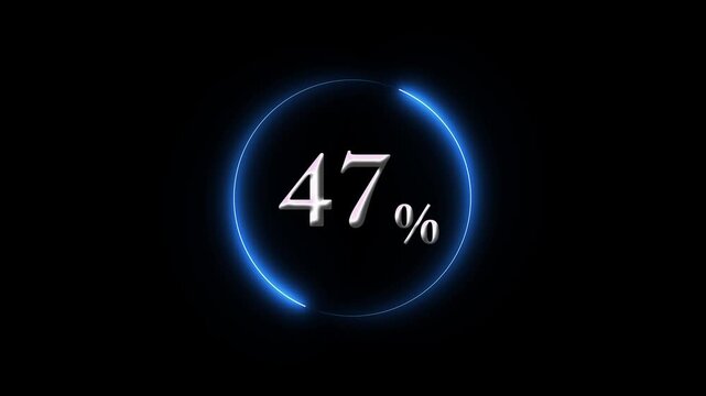 Neon blue circular loading progress bar animation with 47% percent counter, digital interface for ui ux and technology projects on black background 4k video