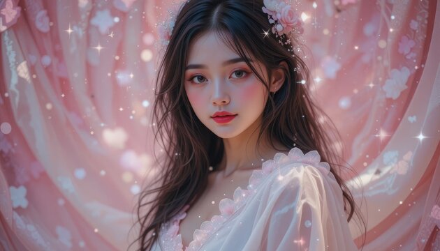A stunningly beautiful young asian woman with long flowing dark hair is gracefully posing in front of a shimmering soft pink curtain backdrop