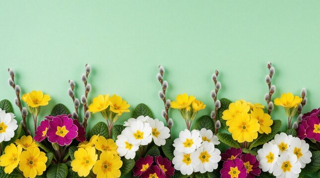 Spring floral border with colorful primrose flowers, soft pussy willow branches. Yellow, white, pink blossoms grow on green background. Fresh botanical elements create seasonal spring decor for