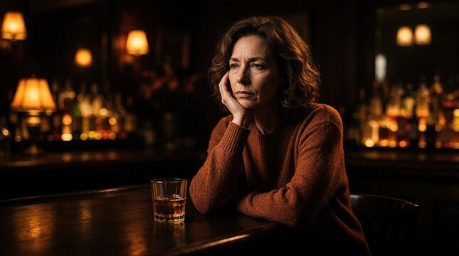 Woman sits alone at bar counter with drink. She looks thoughtful and sad in dimly lit pub. Melancholy mood during evening, reflects on life issues and worries.