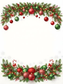 Festive christmas garland with ornaments and pine branches on a white background