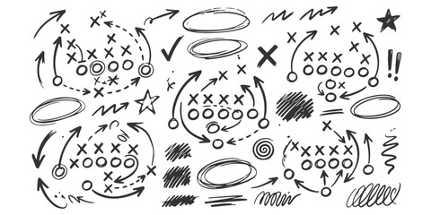 Obraz premium Hand drawn american football play diagrams and tactical sketches on a chalkboard
