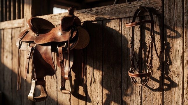 Brown leather western saddle, bridle hang on old wooden stable wall. Equestrian equipment rests in rustic barn. Horse riding gear hangs in warm sunlight. Traditional cowboy gear for ranch work
