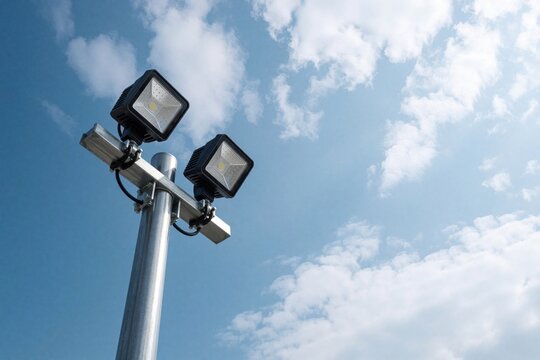 Two LED floodlights fixed on metal pole against blue sky with clouds. Modern outdoor lighting illuminates area for safety and visibility. High intensity lamps provide bright, energy efficient light.