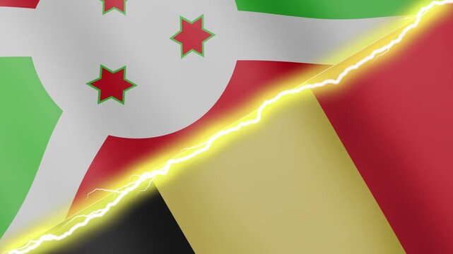 Two waving flags Burundi and Belgium with diagonal lightning seamless, 4k loop