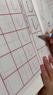 ひらがなの練習をする子供の手