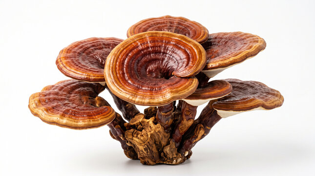 Cluster of reishi mushrooms with brown caps and white undersides growing naturally on a wooden base.
