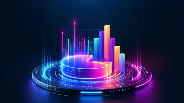 Digital data visualization displaying financial pie chart and bar graph