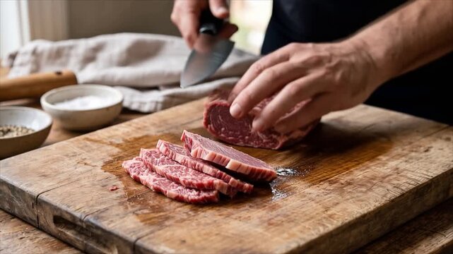 Man slicing raw marbled beef with knife on wooden cutting board. Chef preparing fresh meat in rustic kitchen. Food cooking process and culinary preparation concept