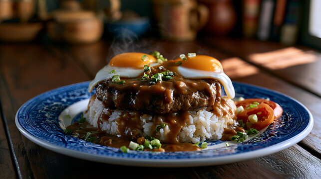 Loco moco served on a blue plate with rice, hamburger patty, gravy, and topped with eggs in a cozy setting