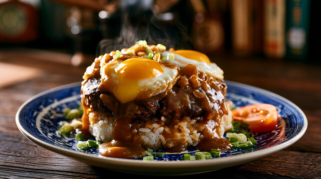 A serving of loco moco sits on a blue plate. The dish includes rice, gravy, ground beef, fried eggs, and sliced vegetables. The setting is a cozy restaurant with warm lighting.