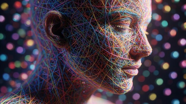 Abstract human head made of colorful threads. Tangled lines form profile, suggesting complex thoughts and consciousness. Background has blurred colorful lights. Neural network concept.