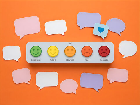 Customer satisfaction survey scale with colorful smiley faces and speech bubbles