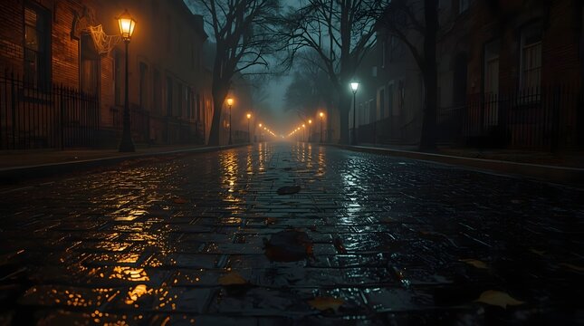 Mysterious Footprints Along a Foggy Halloween Street