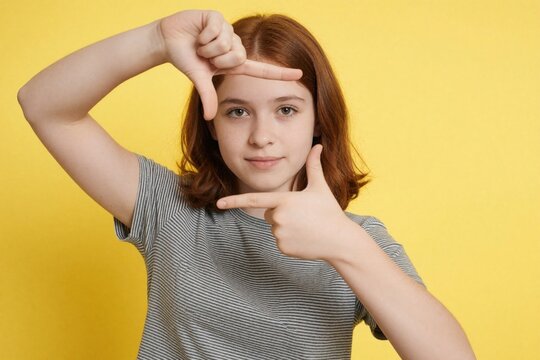 Young girl makes frame with hands, gestures focus, poses creatively. Youthful student explores ideas, projects vision, thinks about future with imagination.