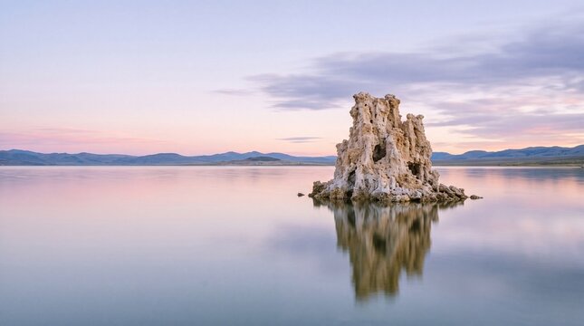 Serene Mono Lake Landscape with Tufa Tower Reflection and Soft Dawn Sky