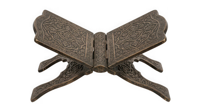 Antique ornate wooden quran stand or book holder with intricate carvings isolated on transparent background