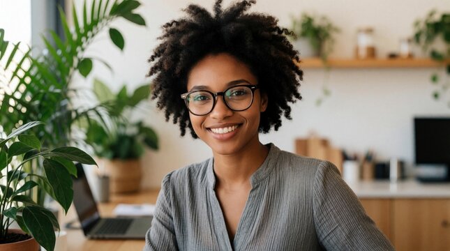 Smiling black woman wearing glasses sits at office desk with laptop. Young pro female receptionist works in modern bright workspace with green plants. Happy businesswoman looks at camera in coworking