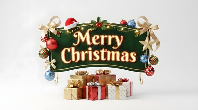Festive Merry Christmas sign with gifts and ornaments on a white background