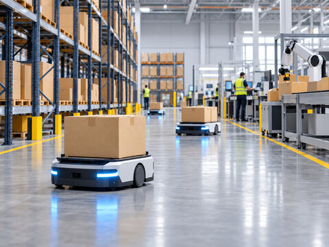 Smart warehouse robots in logistics center