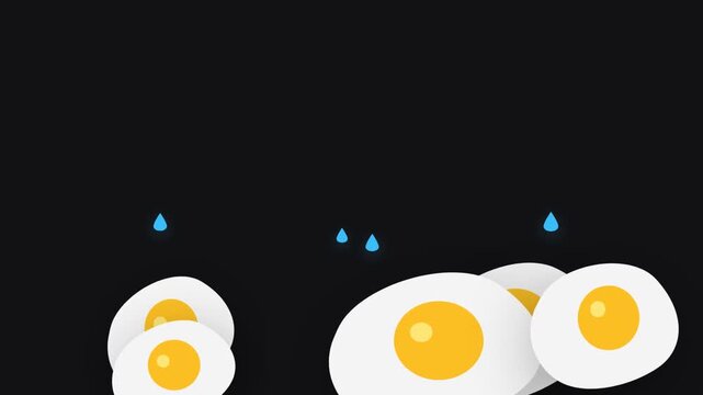 Minimalist animation of fried eggs with water droplets on a black background.