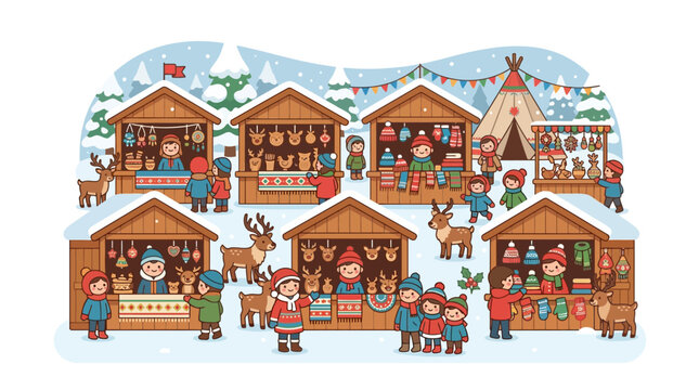 Traditional winter market with wooden stalls and people.