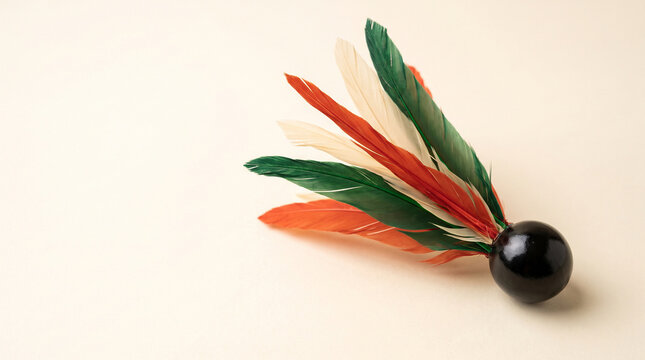 Japanese hanetsuki shuttlecock feathers macro with mukuroji seed and copy space on left
