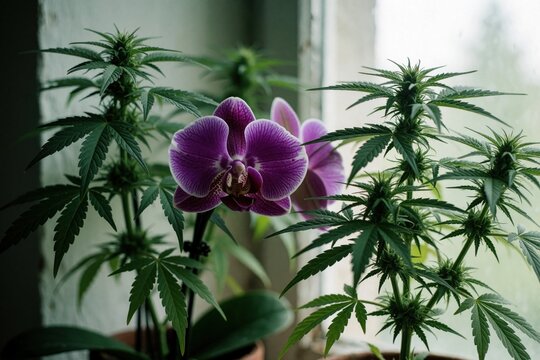 Purple phalaenopsis orchid grows next to green cannabis plant on old windowsill. Tropical flower, marijuana plant sit near window in home garden. Herbal medicine, exotic botany coexist in indoor
