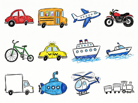 Set of hand drawn cartoon transportation vehicles doodle collection
