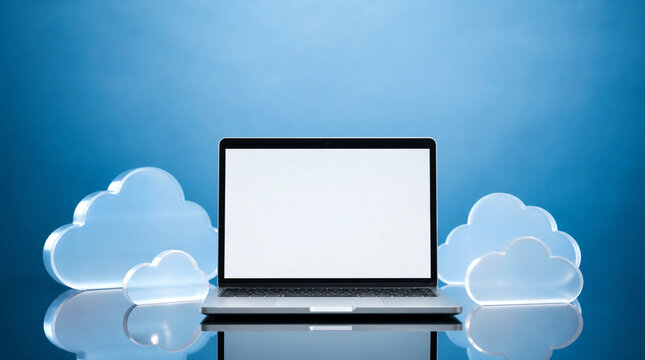 Ordinateur portable moderne avec des nuages de donn&eacute;es sur fond bleu.