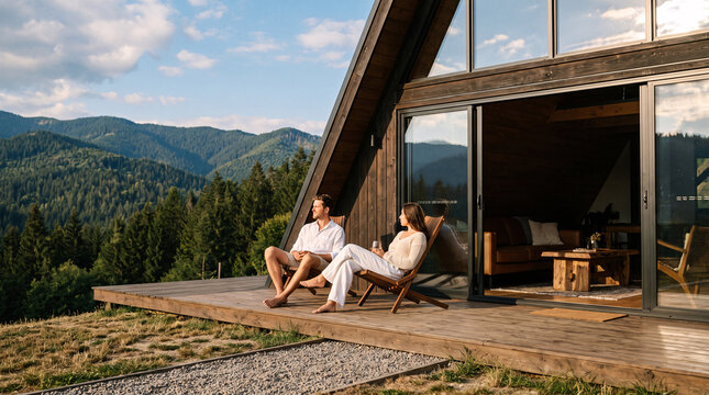 Description: A relaxed couple sit on wooden lounge chairs on the large terrace of a modern A‑frame cabin, admiring lush forest and rugged mountain scenery on a bright sunny day.