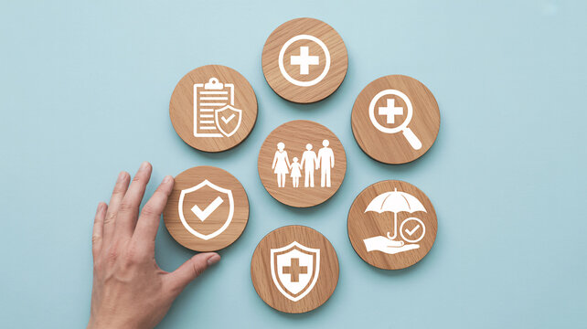 Health insurance concept with wooden icons, family medical coverage symbols on blue background, hand arranging healthcare protection blocks