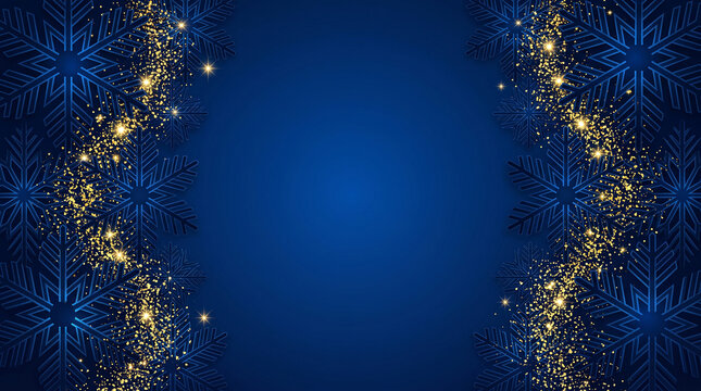Dark blue winter background with glittering golden snowflake borders perfect for luxury new year celebration post