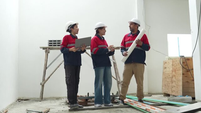 Construction inspectors and engineer discussing project details at an unfinished building site, teamwork, communication, safety compliance, site supervision, safety, construction project management.