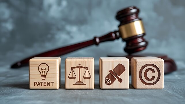 Intellectual property law concept with gavel and symbols for patent, justice, documents and copyright