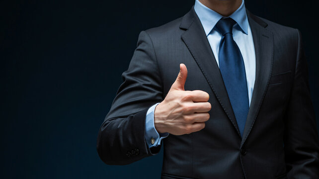 Successful businessman showing thumbs up gesture. Professional male executive in navy suit giving approval. Corporate leader with positive hand sign.