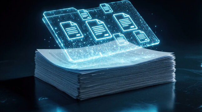 Stack of physical papers receives glowing digital files from holographic folder. Blue light particles flow into document pile in dark tech space. Concept of data digitization, cloud storage,